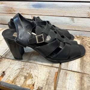 Vintage KS Black Leather Peep Toe Slingback Sandals Strappy Block Heel Sz 7.5
